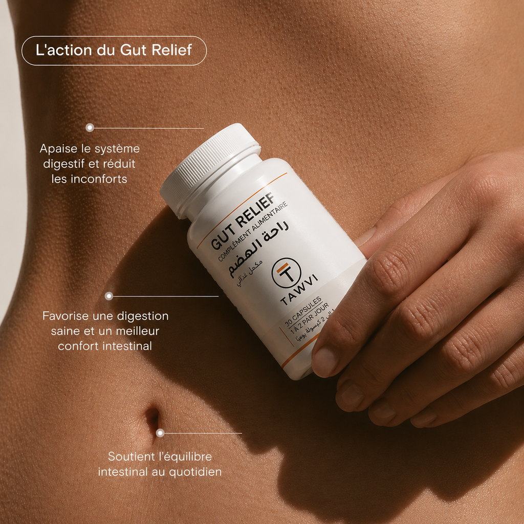 Infographie TAWVI Gut Relief expliquant l'action du produit : apaise le système digestif, favorise une digestion saine et soutient l'équilibre intestinal au quotidien