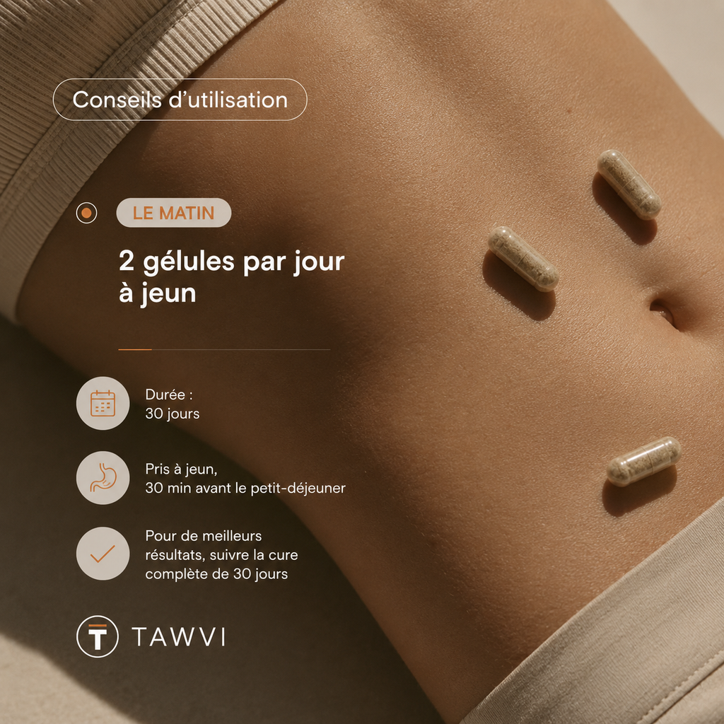 Conseils d'utilisation TAWVI Gut Relief : 2 gélules par jour à jeun le matin, 30 minutes avant le petit-déjeuner, cure complète de 30 jours pour de meilleurs résultats