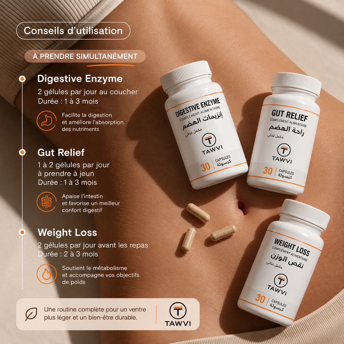 Conseils d'utilisation du pack TAWVI à prendre simultanément : Digestive Enzyme 2 gélules au coucher, Gut Relief 1 à 2 gélules à jeun, Weight Loss 2 gélules avant les repas — une routine complète pour un ventre plus léger