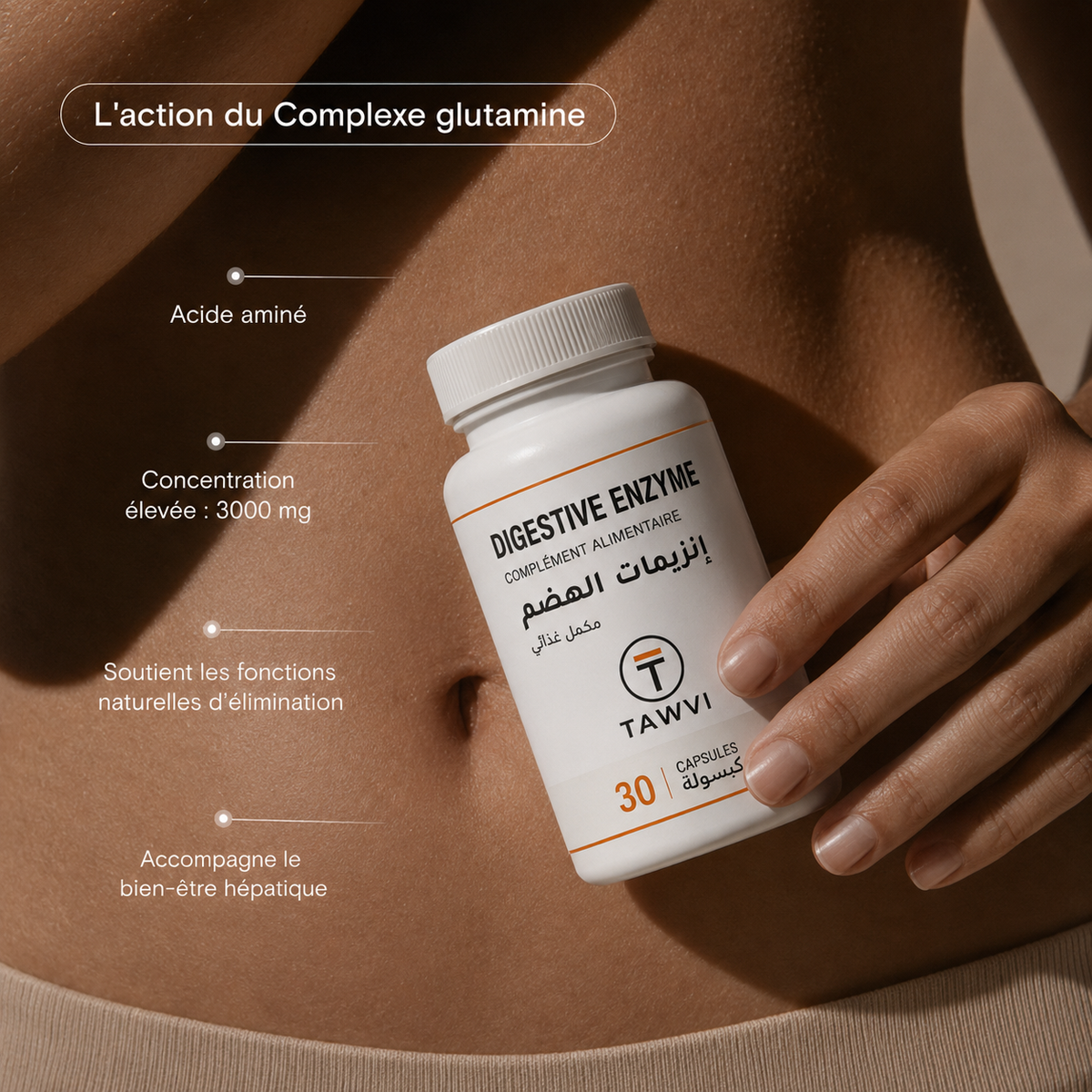 L'action du Complexe Glutamine TAWVI Digestive Enzyme : acide aminé, concentration élevée de 3000 mg, soutient les fonctions naturelles d'élimination et accompagne le bien-être hépatique