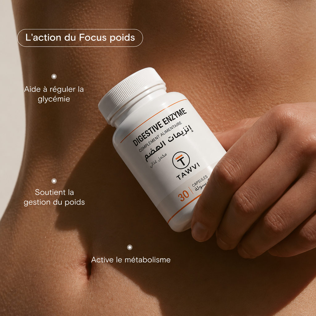 Infographie TAWVI Digestive Enzyme : aide à réguler la glycémie, soutient la gestion du poids et active le métabolisme