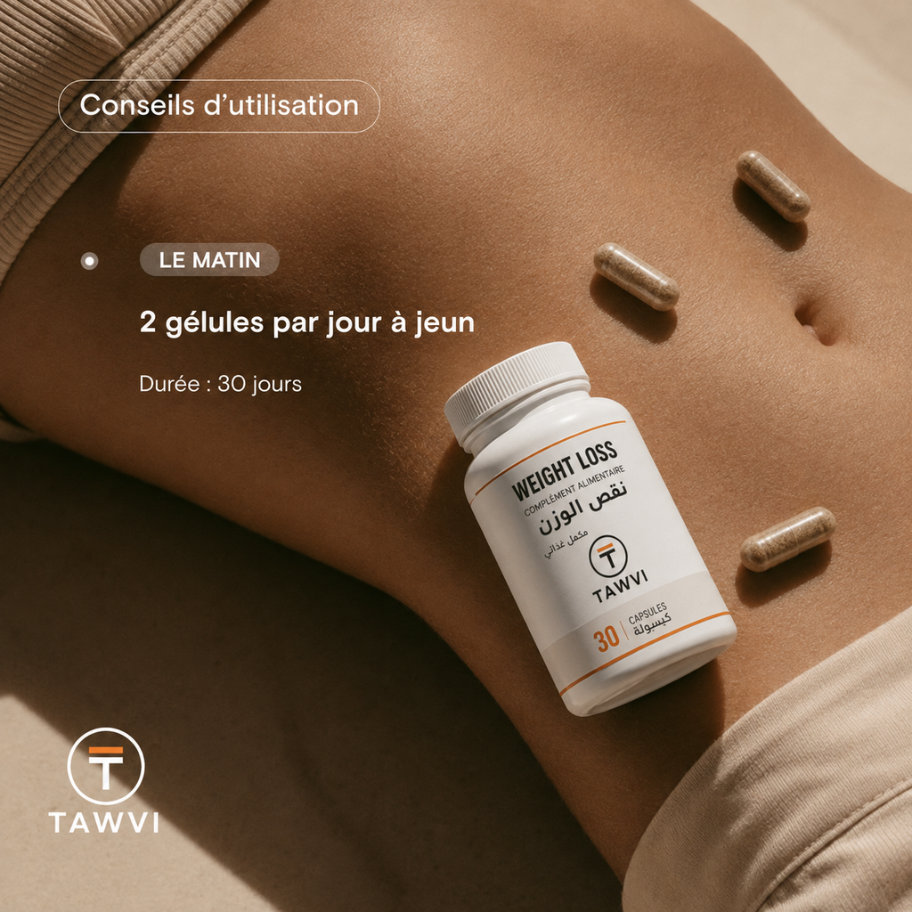 Conseils d'utilisation TAWVI Weight Loss : 2 gélules par jour à jeun le matin, cure complète de 30 jours
