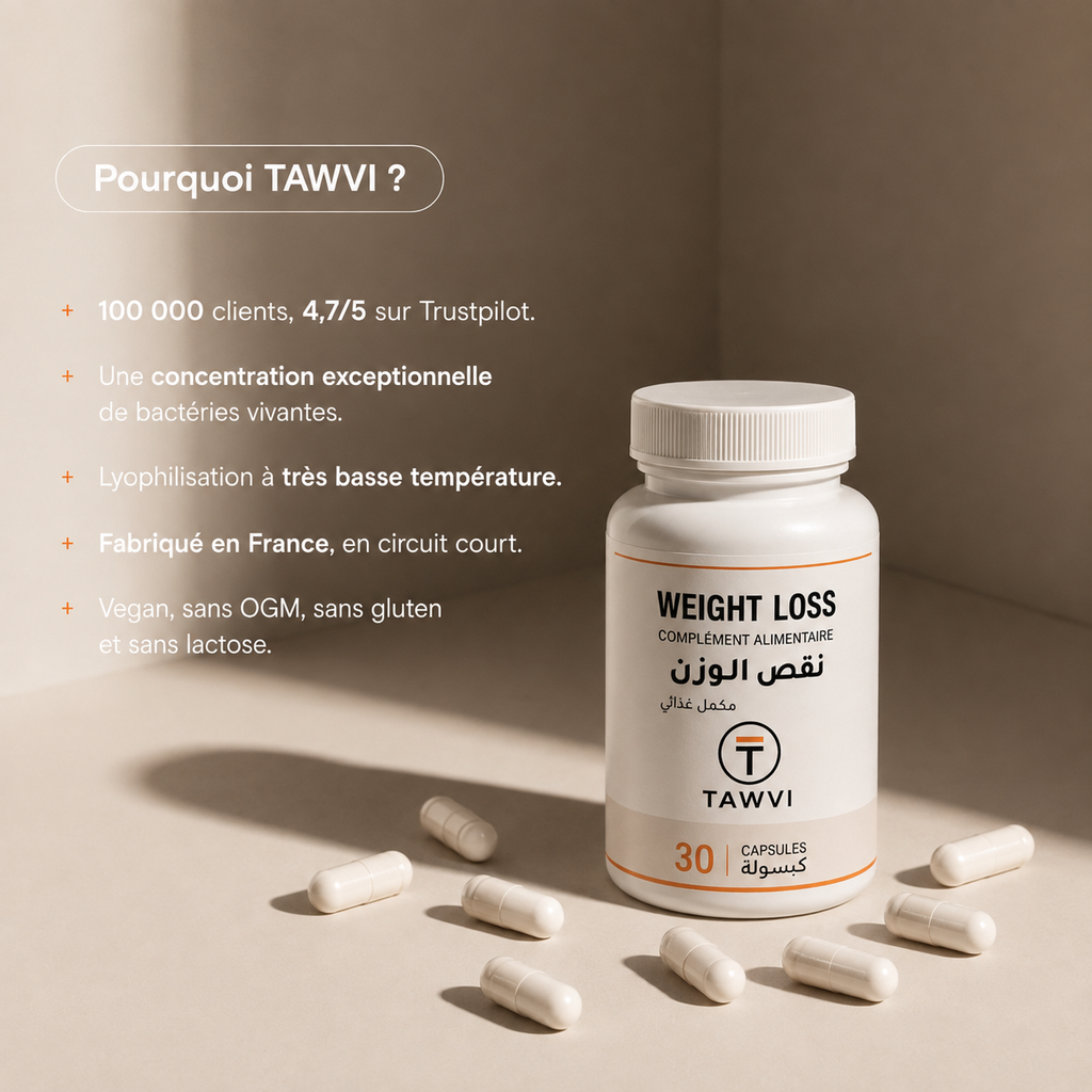 Pourquoi choisir TAWVI Weight Loss : 100 000 clients, 4,7/5 sur Trustpilot, concentration exceptionnelle de bactéries vivantes, lyophilisation à basse température, fabriqué en France, vegan sans OGM ni gluten ni lactose