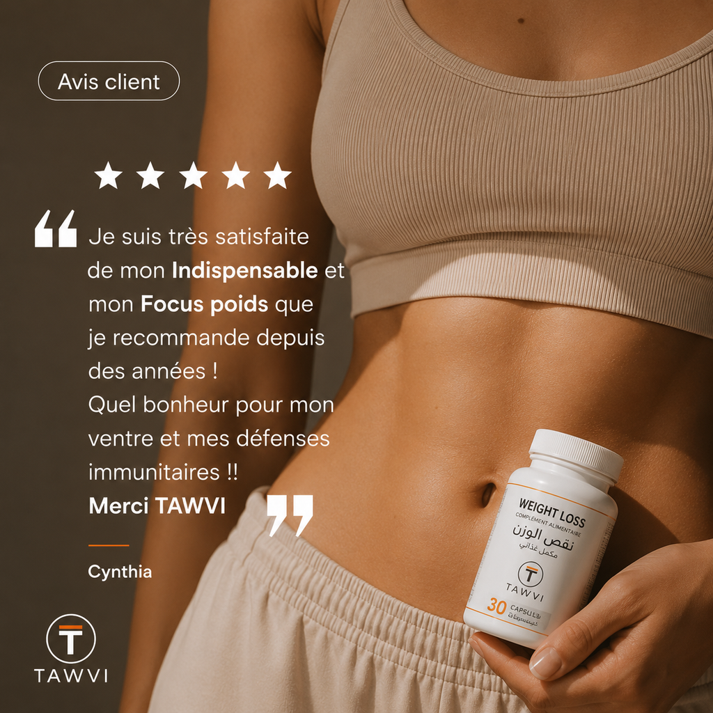 Avis client TAWVI noté 5 étoiles : témoignage de Cynthia satisfaite des compléments Indispensable et Focus Poids pour son ventre et ses défenses immunitaires