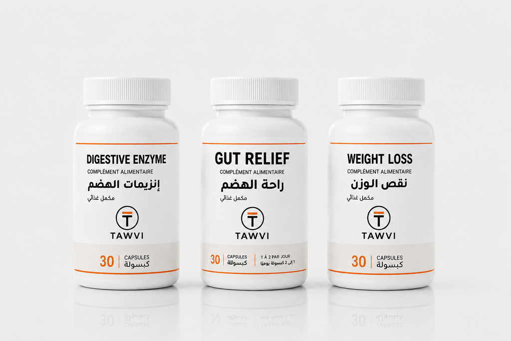 Pack TAWVI 3 essentiels pour une digestion plus confortable : Enzymes Digestives, Gut Relief et Weight Loss côte à côte, 30 capsules chacun