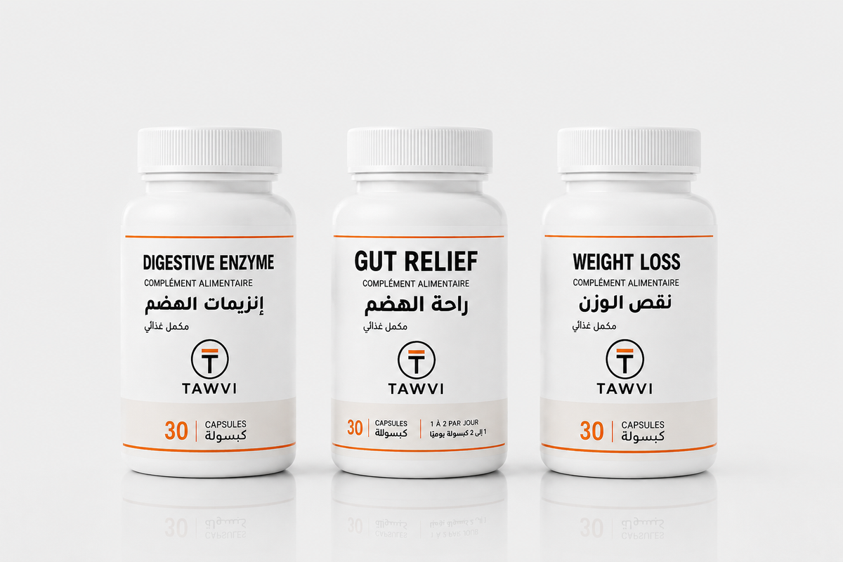 Pack TAWVI 3 essentiels pour une digestion plus confortable : Enzymes Digestives, Gut Relief et Weight Loss côte à côte, 30 capsules chacun