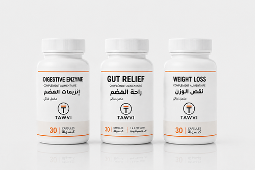 Pack TAWVI 3 essentiels pour une digestion plus confortable : Enzymes Digestives, Gut Relief et Weight Loss côte à côte, 30 capsules chacun