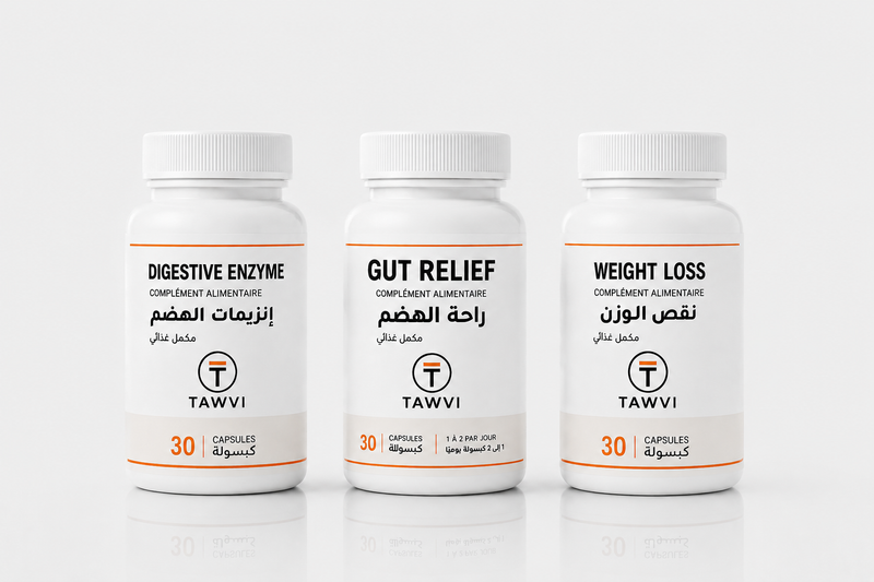 Pack TAWVI 3 essentiels pour une digestion plus confortable : Enzymes Digestives, Gut Relief et Weight Loss côte à côte, 30 capsules chacun