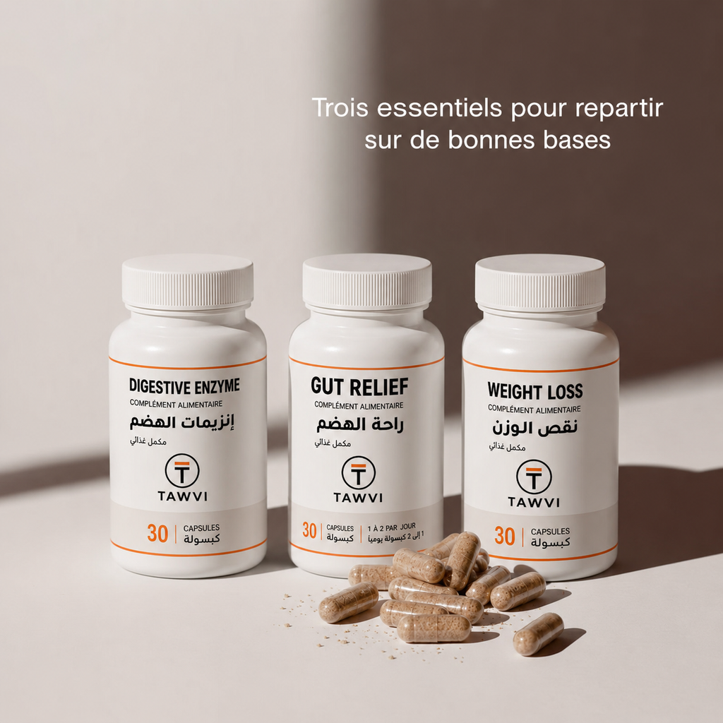 Trois essentiels TAWVI pour repartir sur de bonnes bases : Digestive Enzyme, Gut Relief et Weight Loss, 30 capsules chacun