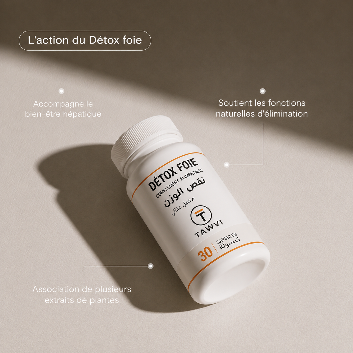 L'action du Détox Foie TAWVI : accompagne le bien-être hépatique, soutient les fonctions naturelles d'élimination, association de plusieurs extraits de plantes