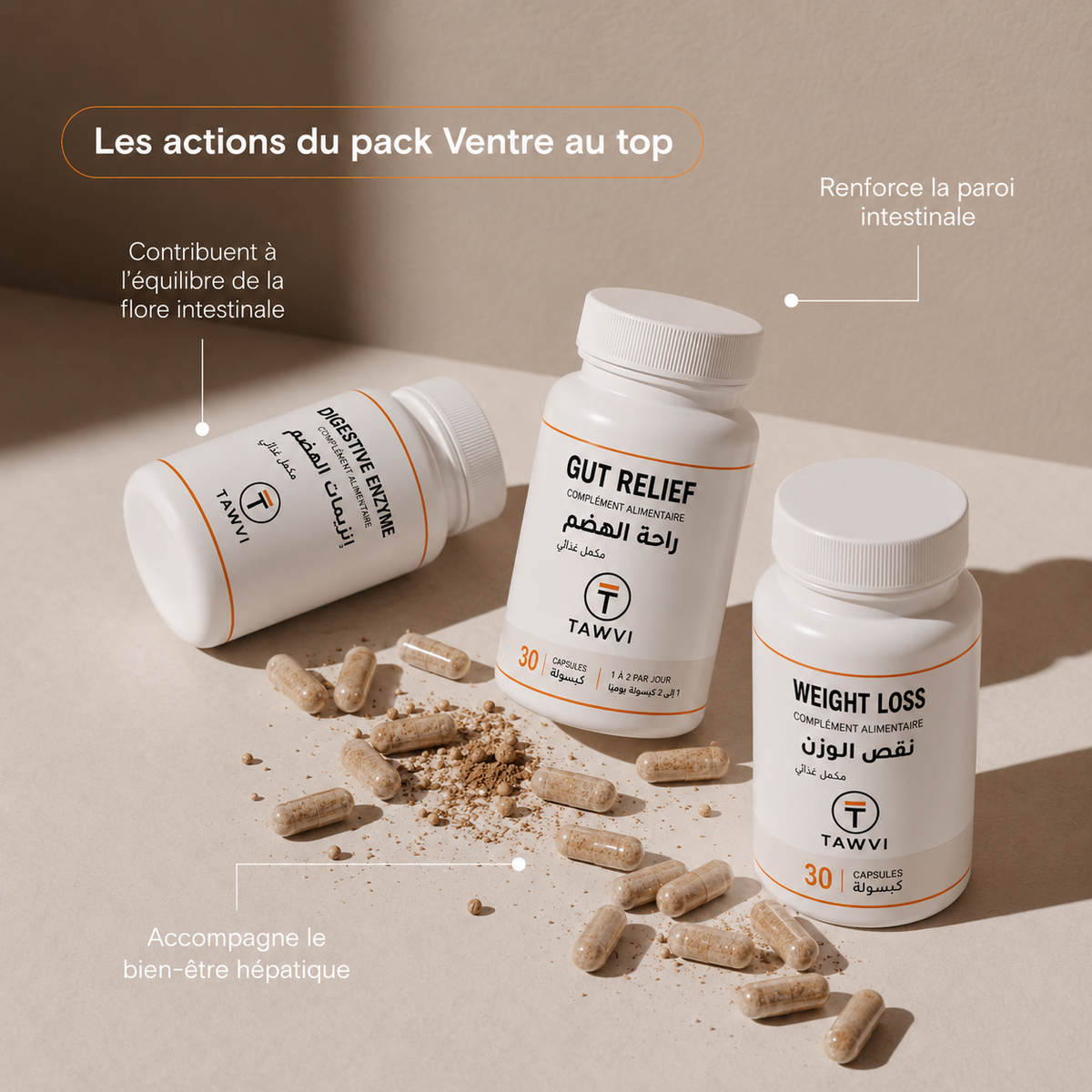 Les actions du pack TAWVI Ventre au top : contribuent à l'équilibre de la flore intestinale, renforcent la paroi intestinale et accompagnent le bien-être hépatique