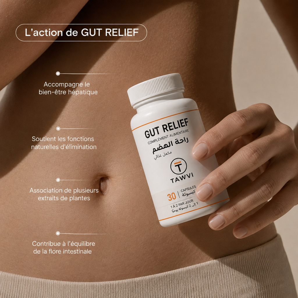 L'action de TAWVI Gut Relief : accompagne le bien-être hépatique, soutient les fonctions naturelles d'élimination et contribue à l'équilibre de la flore intestinale