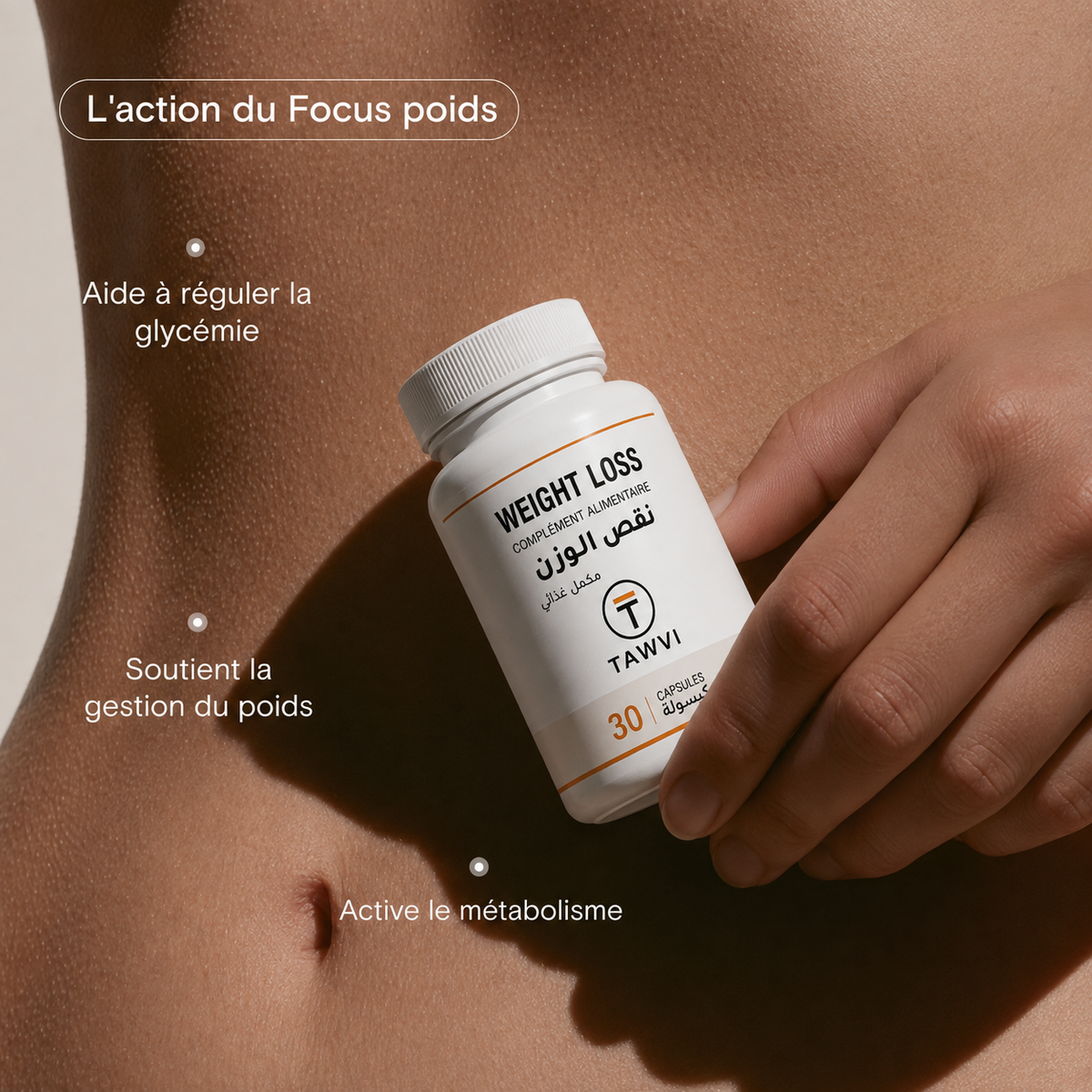 Infographie TAWVI Weight Loss : aide à réguler la glycémie, soutient la gestion du poids et active le métabolisme