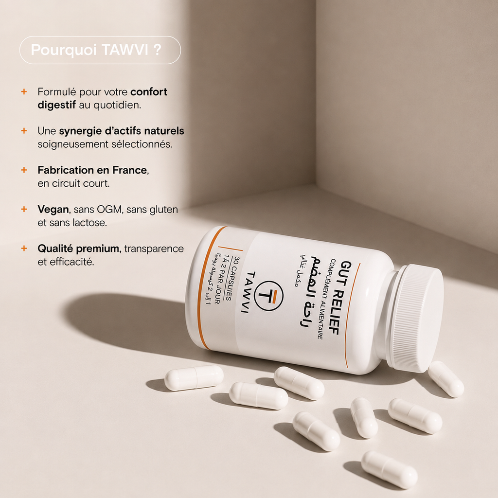 Pourquoi choisir TAWVI Gut Relief : confort digestif au quotidien, synergie d'actifs naturels, fabriqué en France en circuit court, vegan sans OGM ni gluten ni lactose, qualité premium